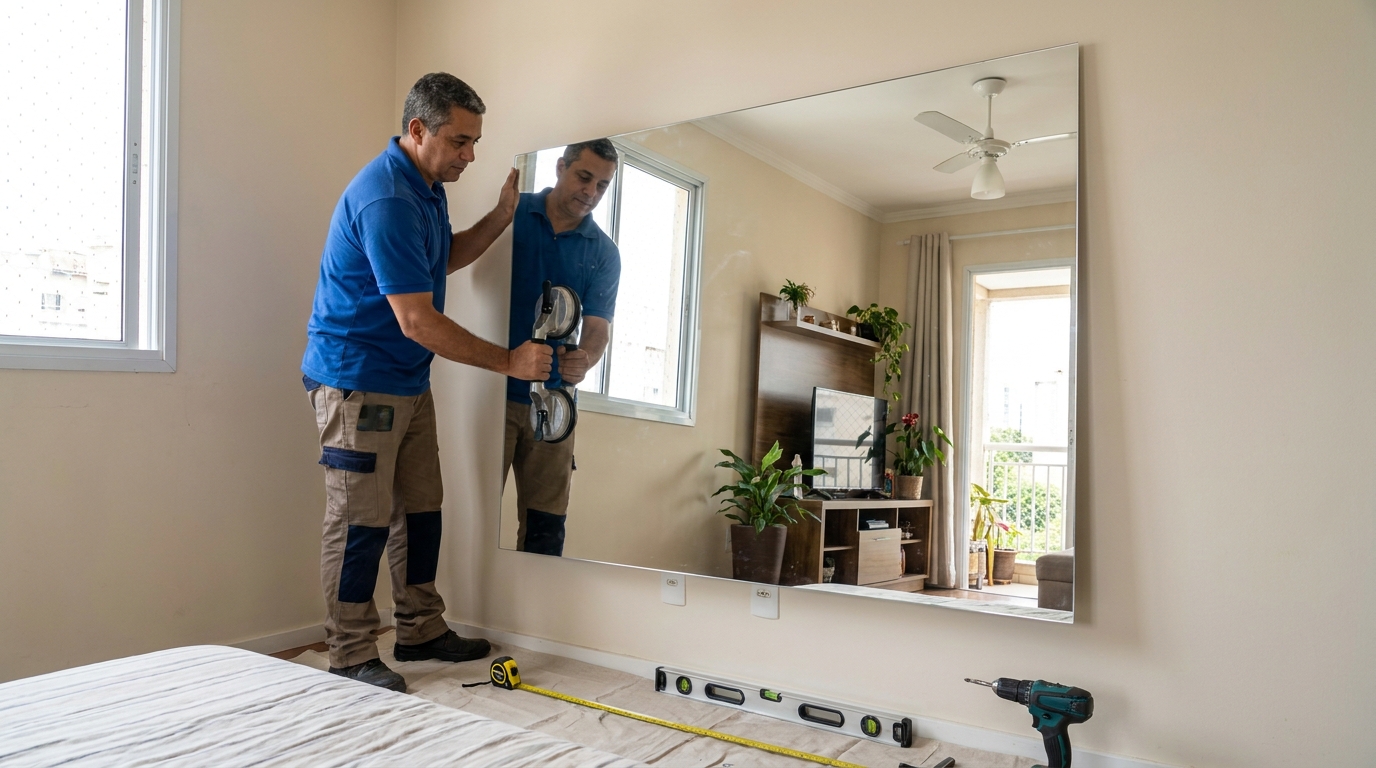Profissional instalando espelho sob medida em Maceió-AL